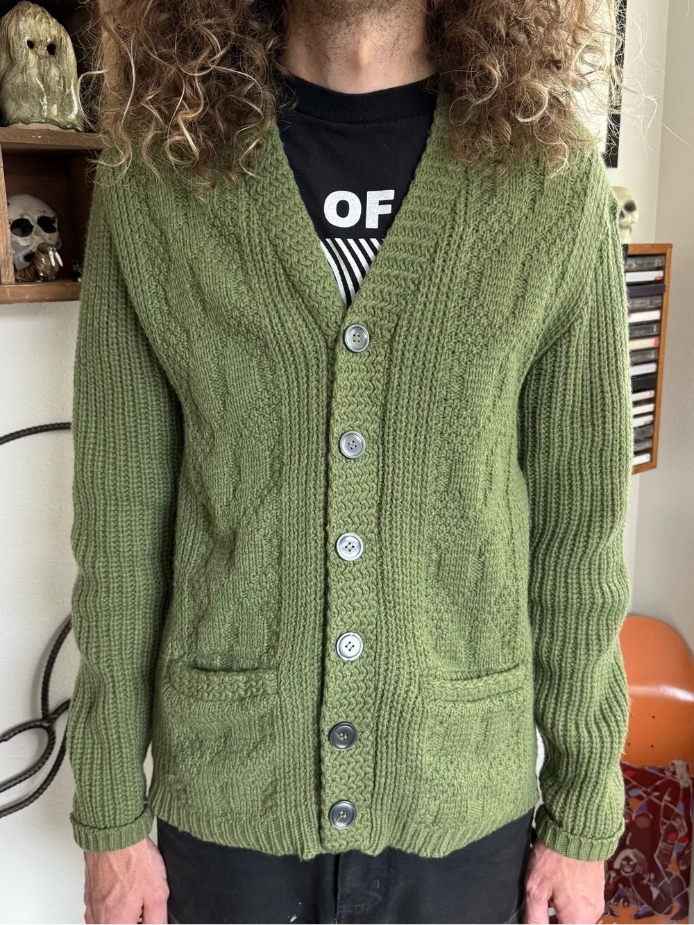 Vintage 50s Wool Cable Knit Cardigan Sweater Moss Green ~ Size Small